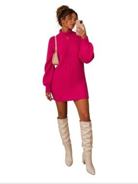 Anthropologie Flat White Turtleneck Sweater Mini Dress Fuchdia Size Large NWOT